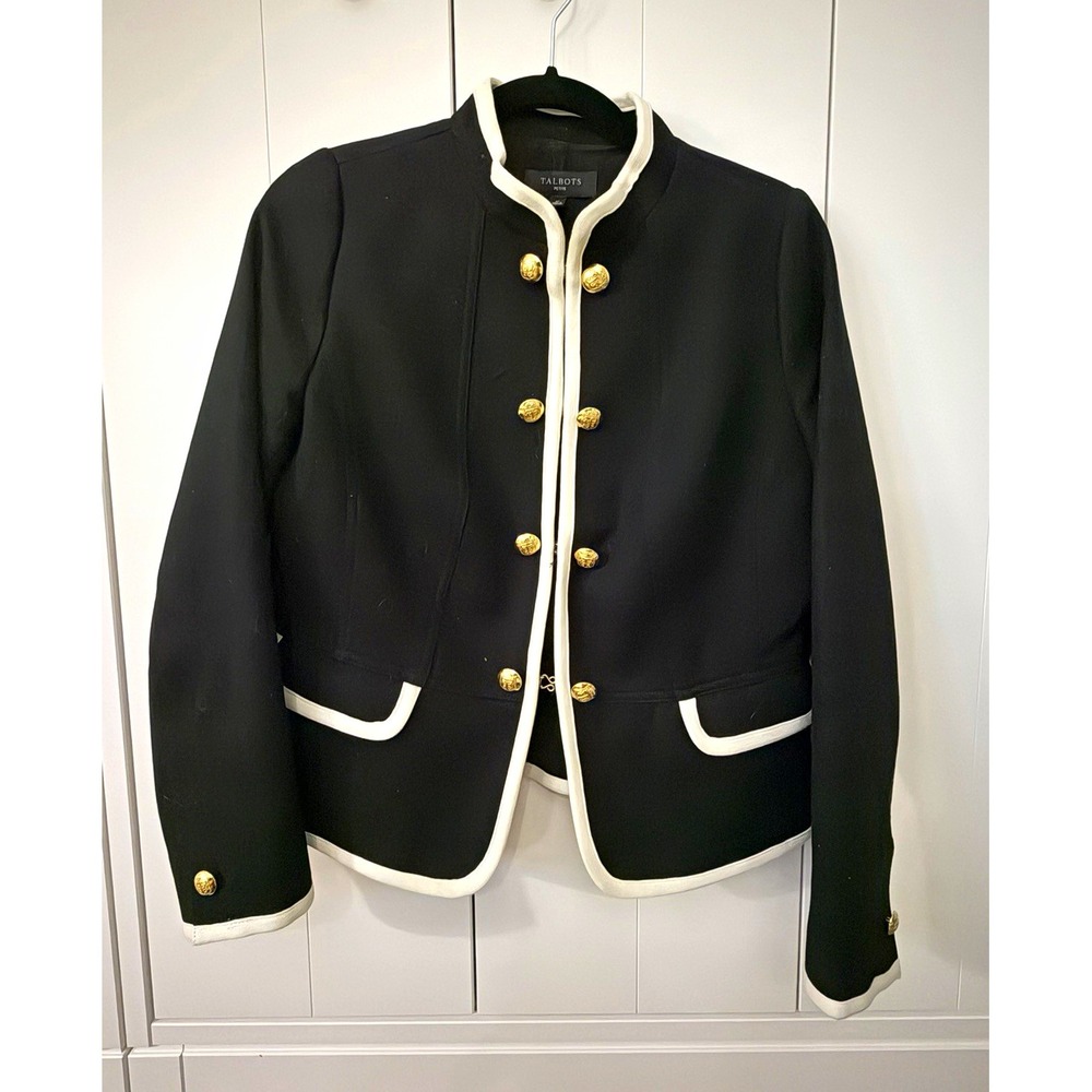 Talbots Petite Black Jacket White Trim Gold Buttons Lined Long Sleeve Size 6P